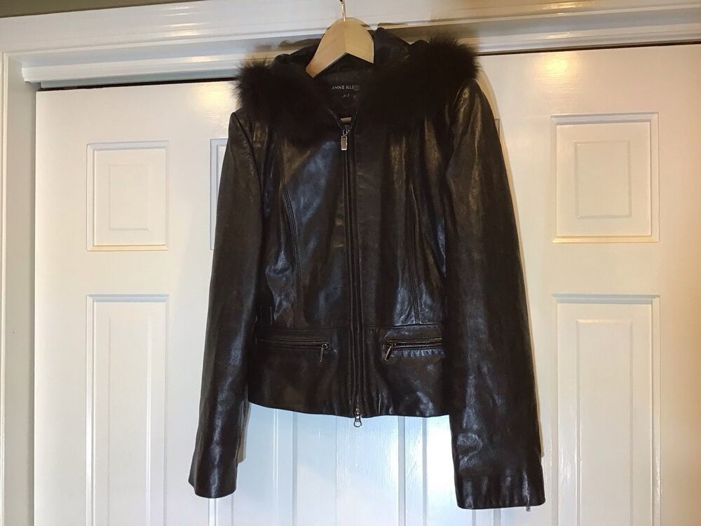 Anne Klein VTG Lambskin Black Leather Jacket Fox Fur Hood Sz S 90’s Minimalist